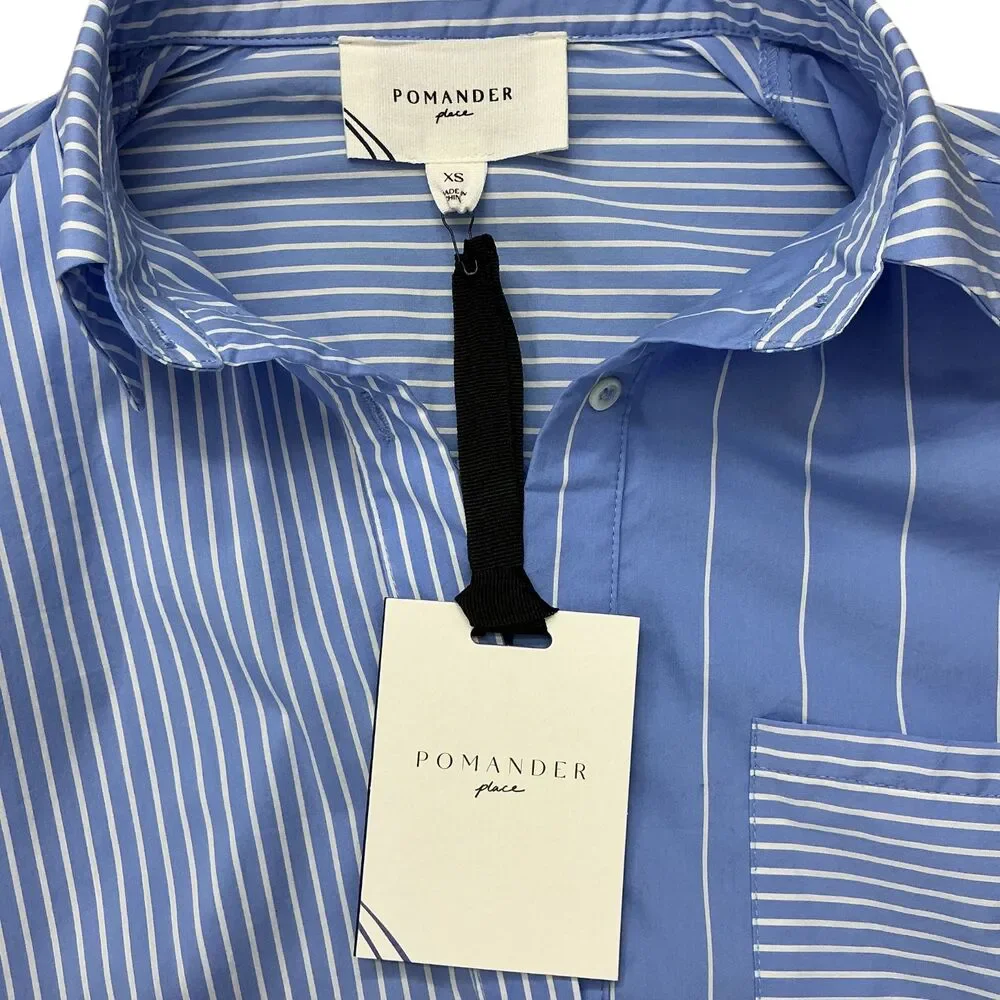 Pomander Place Chessie Stripe Maxi Shirt Dress Women's XS Blue White Belted NWT